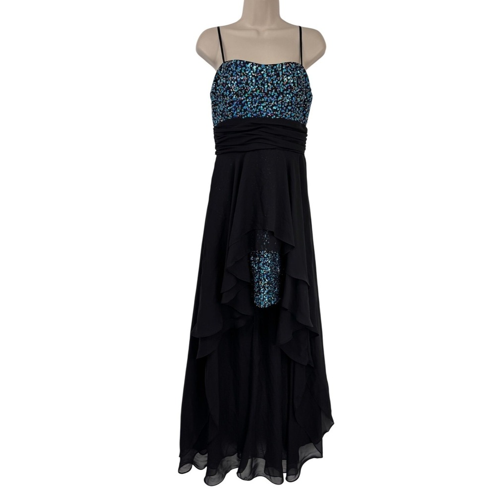 Vintage Y2K Hailey Logan Winter Formal Dress Juniors 11/12 Black Blue Sequin